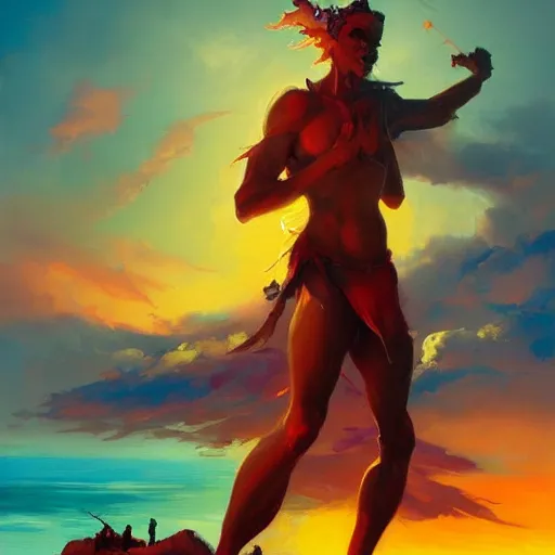 Prompt: colorful peter mohrbacher and andreas rocha impasto!! acrylic painting of a marble statue of a warrior on the shore of a beach with a spectacular sunset overhead. trending on artstation