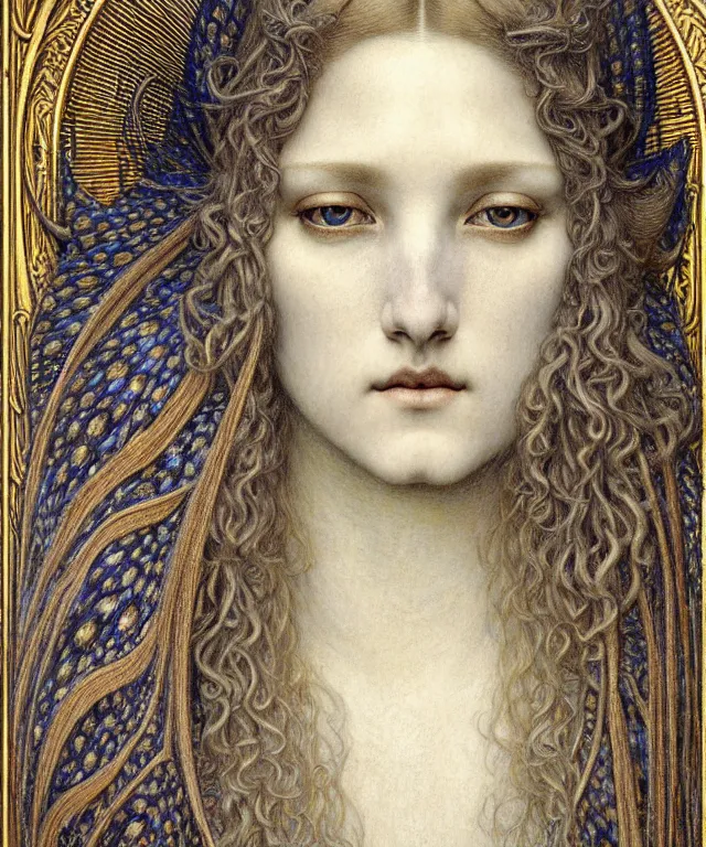 Image similar to detailed realistic beautiful young medieval queen face portrait by jean delville, gustave dore and marco mazzoni, art nouveau, symbolist, visionary, gothic, pre - raphaelite. horizontal symmetry