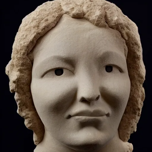 Prompt: a stone sculpture of the face of a person named dolly hoffpants