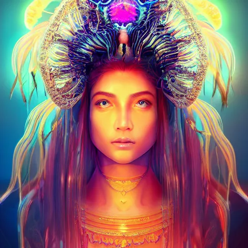 Image similar to Portrait of the most beautiful goddess, she has a jellyfish phoenix head's, by Tooth Wu, trending on Artstation, digital art, symmetrical artwork, cinematic, hyper realism, high detail, octane render, 4k, 8k