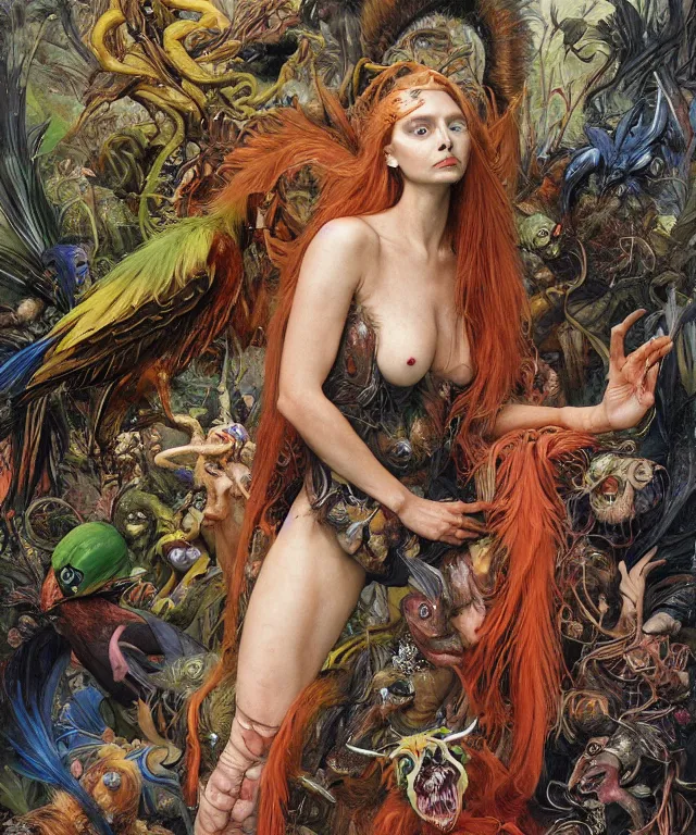 Prompt: a portrait photograph of a mutated harpy super villian with slimy skin and feathers. she looks like elizabeth olsen and is meditating in a colorful infected bulbous shiny organic catsuit. by donato giancola, hans holbein, walton ford, gaston bussiere, peter mohrbacher and brian froud. 8 k, cgsociety, fashion editorial