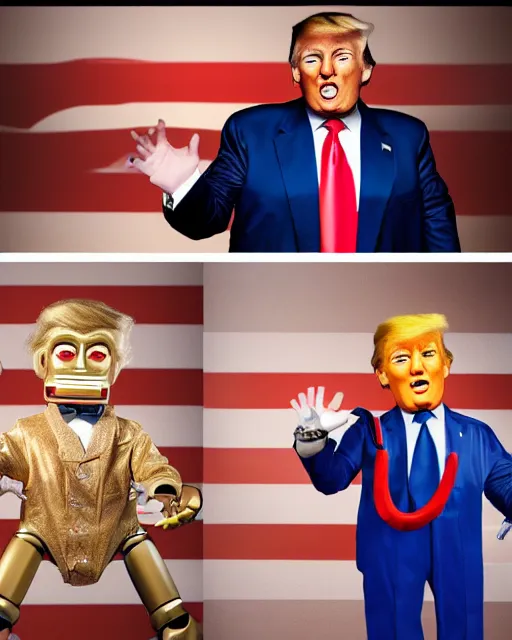 Image similar to Donald Trump as an animatronic Robot, Hyperreal, highly detailed hands and Face, Full Body, Studio Lighting, in the Style of Disney Imagineering