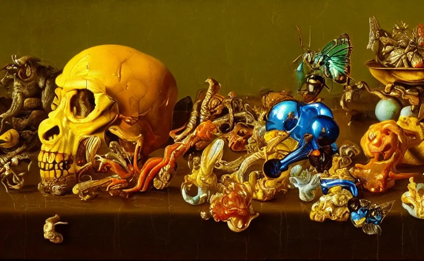 Image similar to disturbing colorful oil painting dutch golden age vanitas still life with bizarre objects strange gooey surfaces shiny metal bizarre insects rachel ruysch dali todd schorr very detailed perfect composition rule of thirds masterpiece canon 5 0 mm, cinematic lighting, photography, retro, film, kodachrome