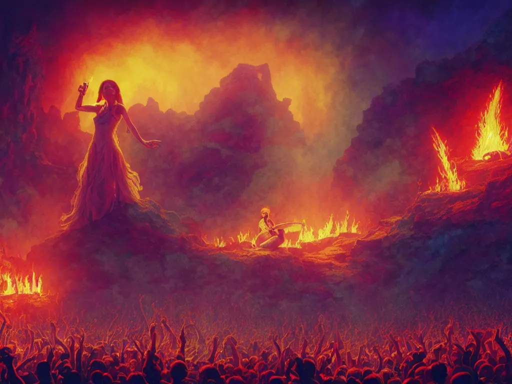 Image similar to live concert promotional photograph of a female rock singer in concert in hell, brightly lit stage centered and on fire, high contrast, stage lighting, pyrotechnics, ghibli animated film, volumetric lighting, octane render by stanley artgerm lau, greg rutkowski, thomas kindkade, alphonse mucha, loish, norman rockwel,