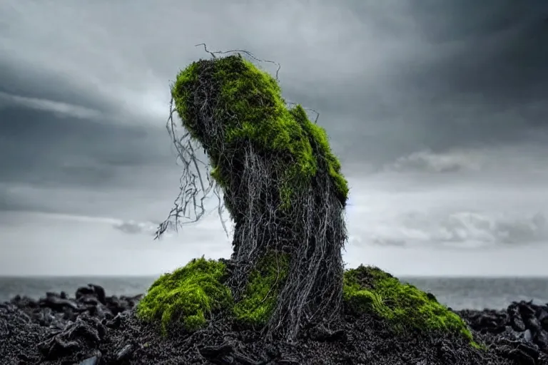 Image similar to a beautiful demonic creature covered in moss shells and electronic wires sculpture electricity earthquake, ocean, sea, dust particles, covered in dust, grind, rocks, dark clouds