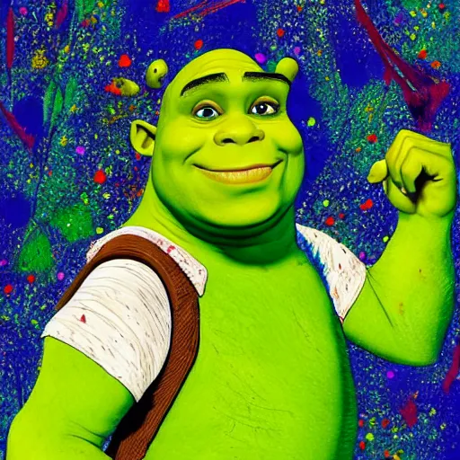 Prompt: shrek in the style of a jackson pollock painting