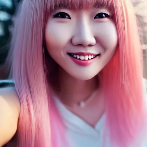 Image similar to beautiful hyperrealism selfie of nikki 苏 暖 暖 from shining nikki, a cute 3 d young woman smiling sofly, long light pink hair and full bangs, flushed face, small heart - shaped face, soft features, amber eyes, chinese heritage, golden hour, 8 k, sharp focus, instagram