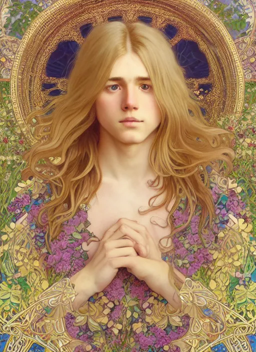 Image similar to pretty young man with shoulder length shiny shimmering golden blond hair, half body shot, emotional, decorative flower patterned background, path traced, highly detailed, high quality, digital painting, by studio ghibli and alphonse mucha, leesha hannigan, hidari, disney, jules bastien - lepage, art nouveau