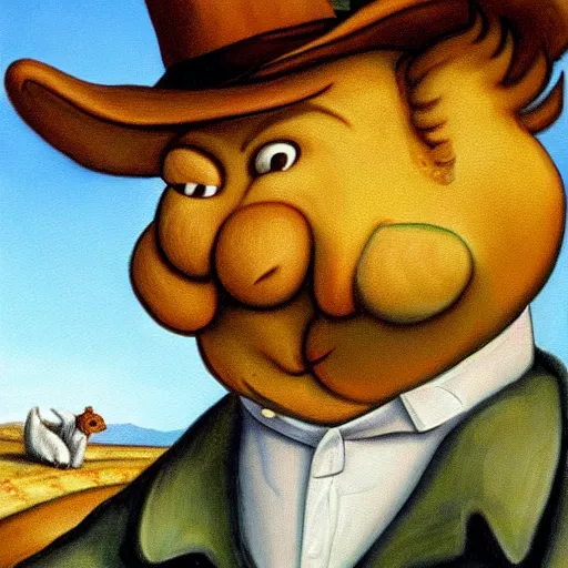 Image similar to surrealist painting of garfield as a farmer, high detail