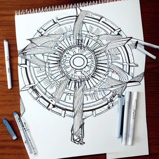 Image similar to Simplistic coloring book of a turbine blueprint, black ball pen on white paper, by Josan Gonzalez and Geof Darrow