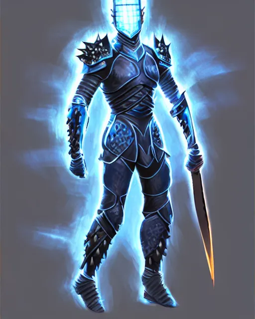 Prompt: concept art of a futurstic warrior, wearing tight futuristic knight armour, wearing a face covering with 4 blue eyes, large spikes on back, holding a futursitc sword, flowing with light blue glow | | epic - fine - fine details by stanley artgerm lau, wlop, rossdraws, and sakimichan, trending on artstation, brush strokes
