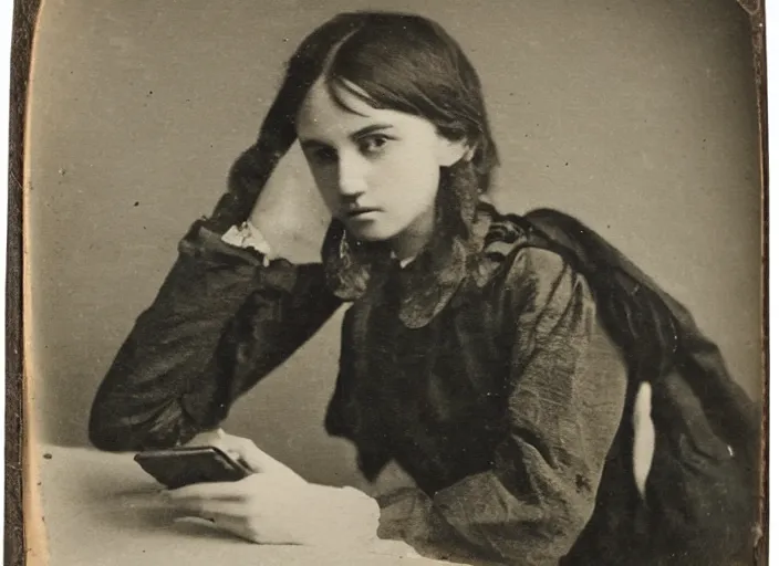 Prompt: photo from the 1850s of a teenager using an iPhone, 8K, award winning photography