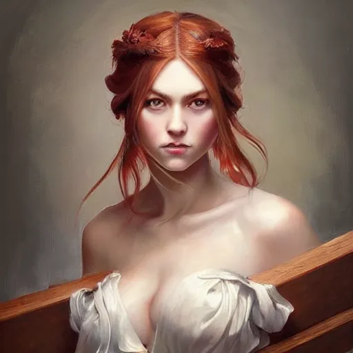 Prompt: a beautiful painting of a gorgeous young mother holding a weathered cutting board with auburn side braid draped over her shoulder and pretty hazel eyes,, representative of the art style of artgerm and wlop and peter mohrbacher