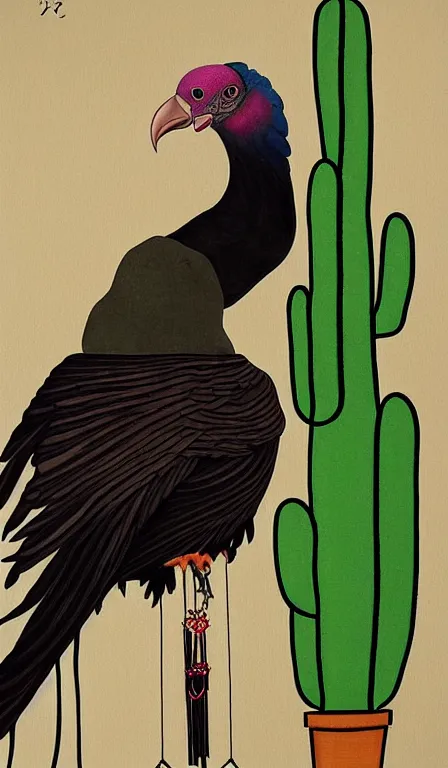 Image similar to turkey vulture sitting on cactus by Shen Quan, hanging scroll, ink and colours on silk