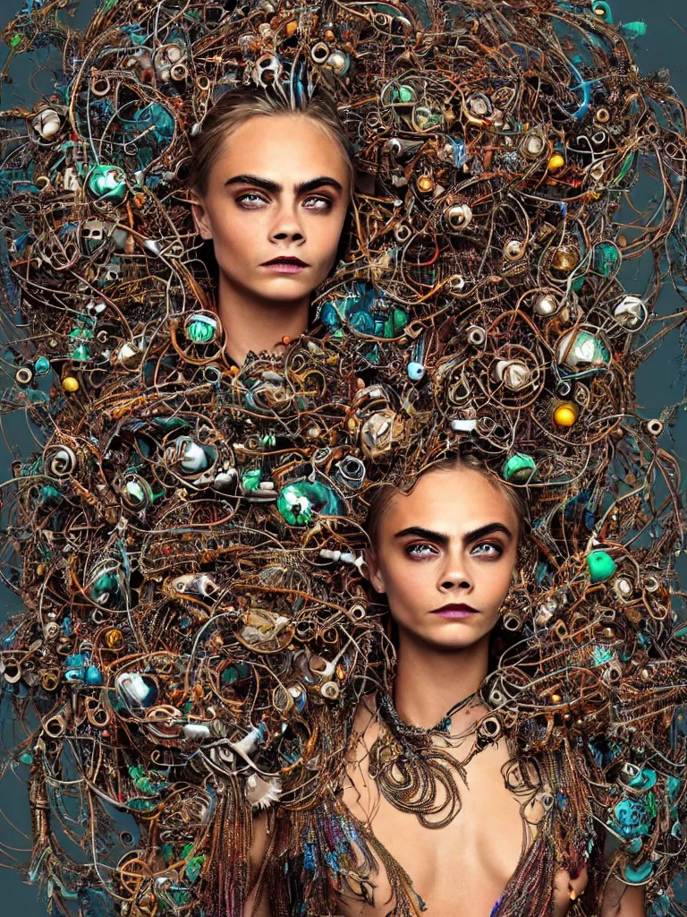 Image similar to a photo real centered image of cara delevingne beautiful tribal goddess surrounded by intertwining bio - mech tendrils made of machine and robot parts and gemstones and leaves and feathers and incense smoke, full body, gorgeous face, perfect face, powerful, by james jean, by ross tran, 3 d, cinema 4 d render, trending on artstation, octane render, 8 k