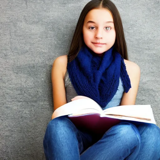 Prompt: teenager girl who is into reading and debates, she's very focused and studious and wears a scarf, full body, illustration, children's book, solid background