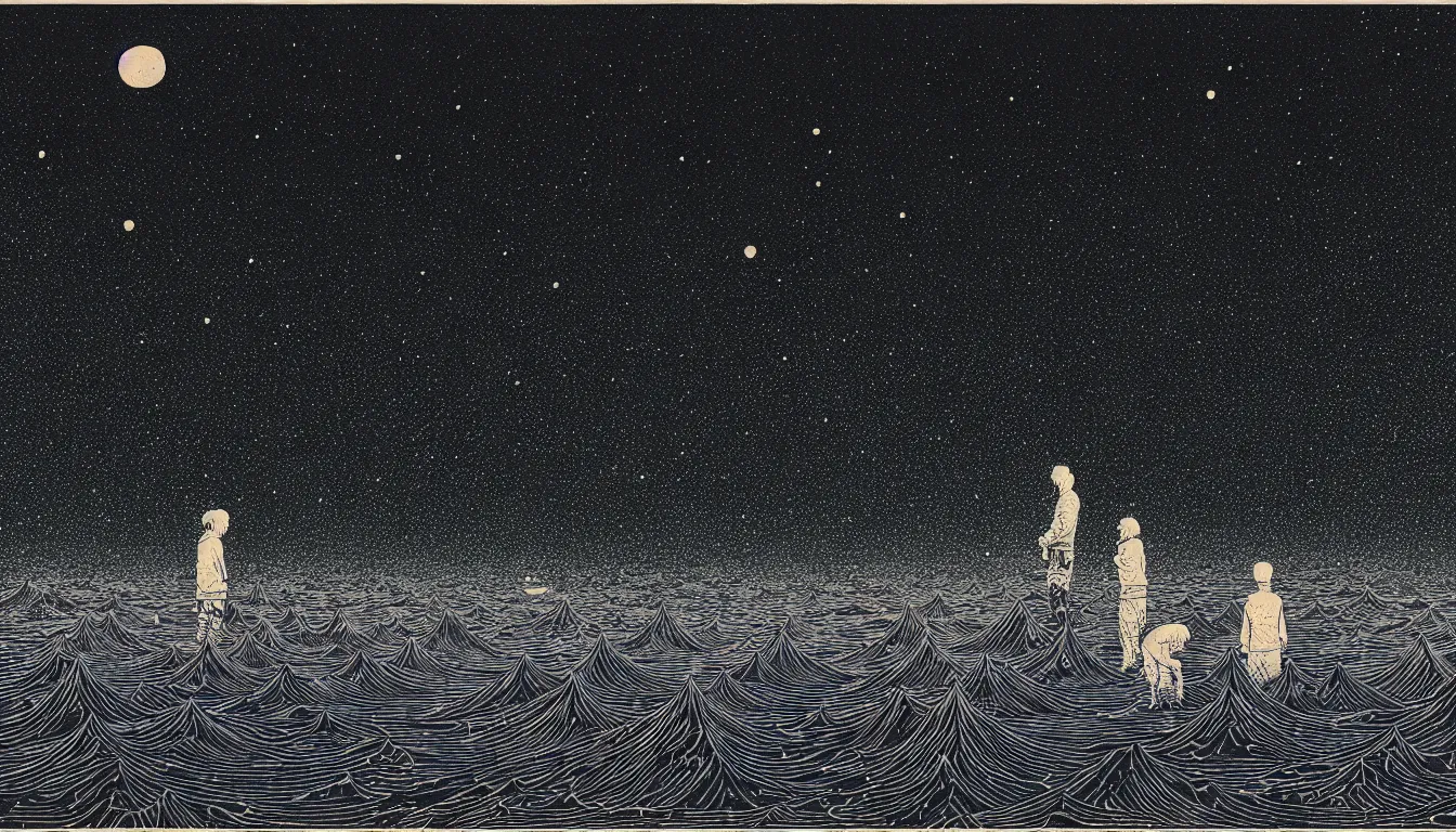 Image similar to standing in a lake looking at reflection of the night sky by woodblock print, nicolas delort, moebius, victo ngai, josan gonzalez, kilian eng