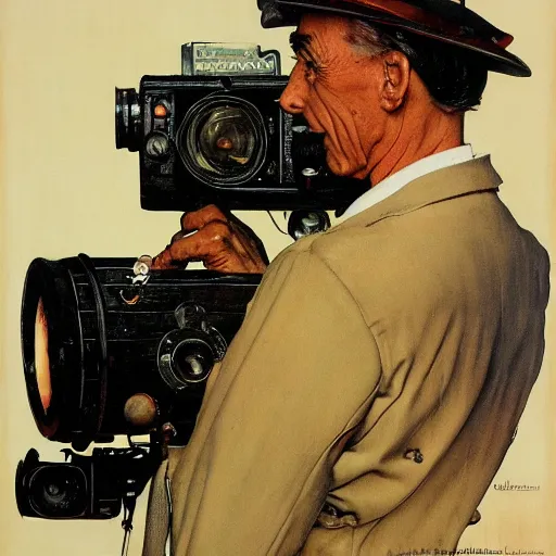 Image similar to norman rockwell painting of a man holding a large television - video - camera