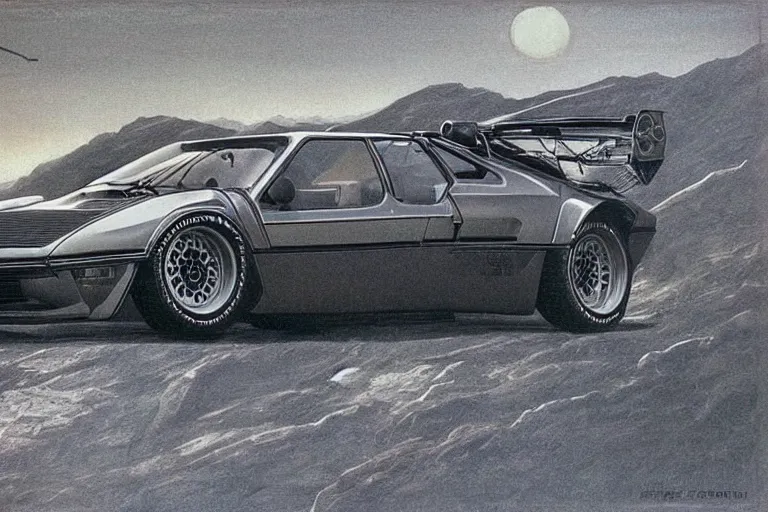 Prompt: intricate, 3 d, 1 9 7 4 bmw m 1, style by caspar david friedrich and wayne barlowe and ted nasmith.