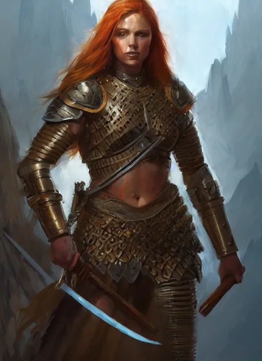 Image similar to highly detailed painting of a warrior woman commander, armored, icelandic redhead, tan skin, blue - eyes, high fantasy, dungeons and dragons art by jon foster trending on artstation painted by greg rutkowski, painted by stanley artgerm