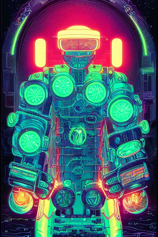 Prompt: ortographic view of Bioluminescent flourescent portrait of mecha, very intricate , by Jen Bartel and Moebius and Dan Mumford and Satoshi Kon, gouache illustration, vivid colors