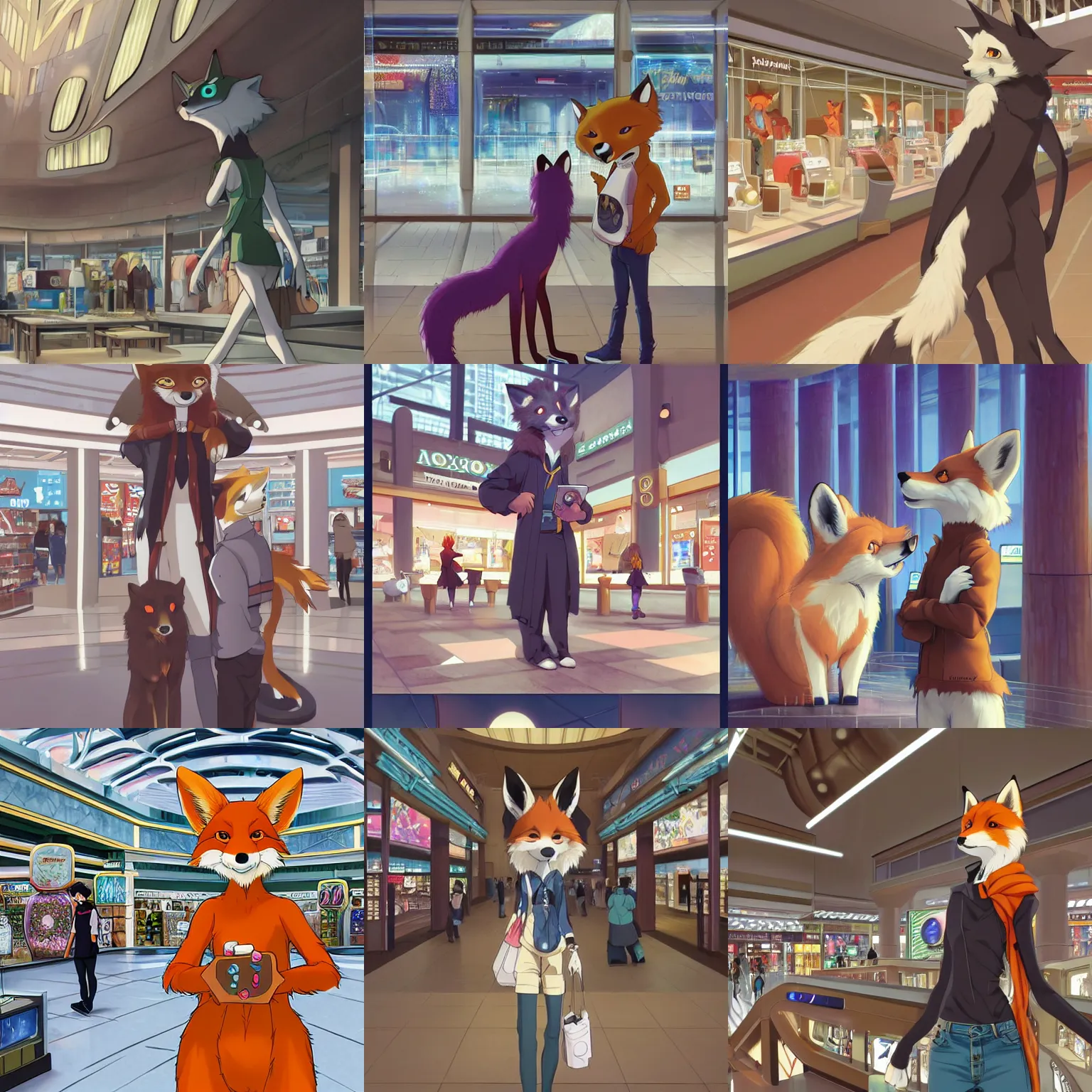 Prompt: anthro art of an anthropomorphic natural furry ( ( fox ) ) person shopping at a futuristic mall, photorealistic, key anime art, makoto shinkai, james gurney, don!!!! bluth!!!!, disney, hibbary, dark natasha, goldenwolf, furaffinity, fursona, commission