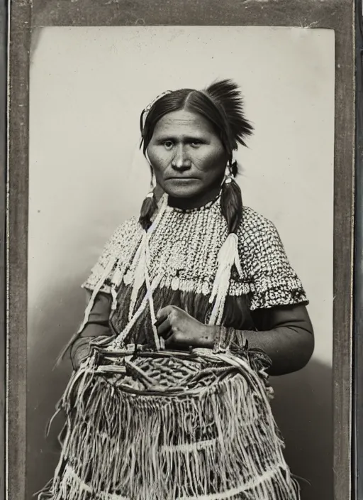 Prompt: Antique portrait of a Navajo woman dressed in traditional attire, posing in front of baskets she weaved, albumen silver print, Smithsonian American Art Museum