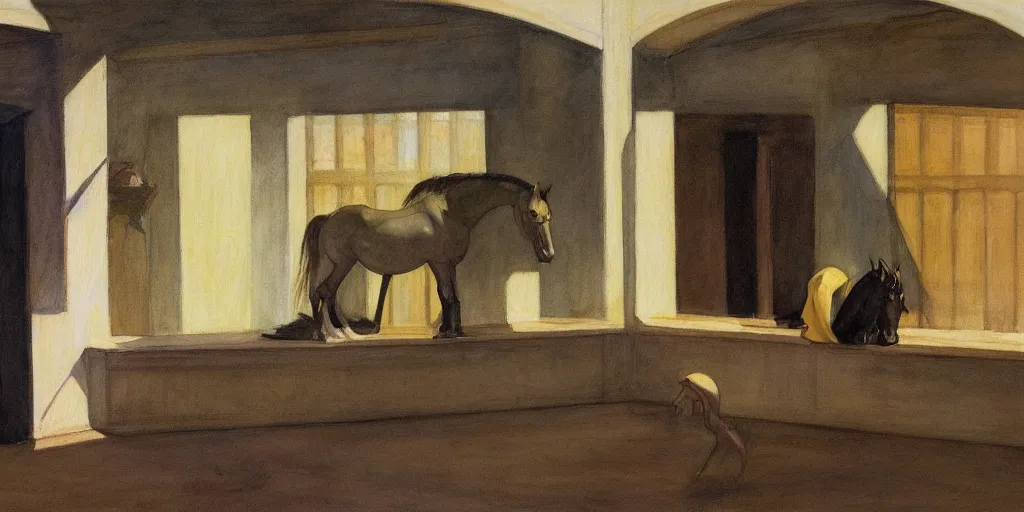 Prompt: a beautiful expressive water colour of a aetherpunk horse by edward hopper in the style of renaissance art, trending on art station