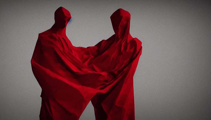 Image similar to enigmatic figure wrapped in red sheet in darkness, high contrast, hard light, digital art, rendering, cloth simulation, redshift