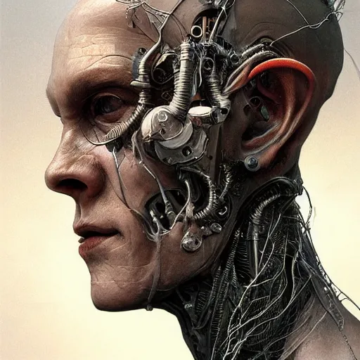 Image similar to centered front face portrait art of an ultradetailed evil neuronal cyborg, by greg rutkowski and Zdzisław Beksiński, illustration, photorealistic, 8k, intricate, futuristic, dramatic light, trending on cg society
