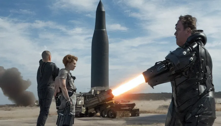 Image similar to big budget action movie about a nuclear icbm and a demonic cyborg