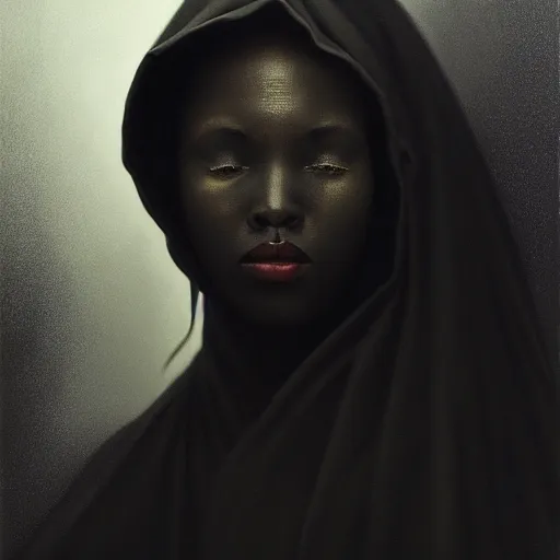 Image similar to a portrait of a young black woman wearing a long dark cloak, hood and shadows covering face, anatomically correct, beautiful perfect face, enigmatic, oil painting, matte painting, black background, Volumetric dynamic lighting, Highly Detailed, Cinematic Lighting, Unreal Engine, 8k, HD, by Beksinski