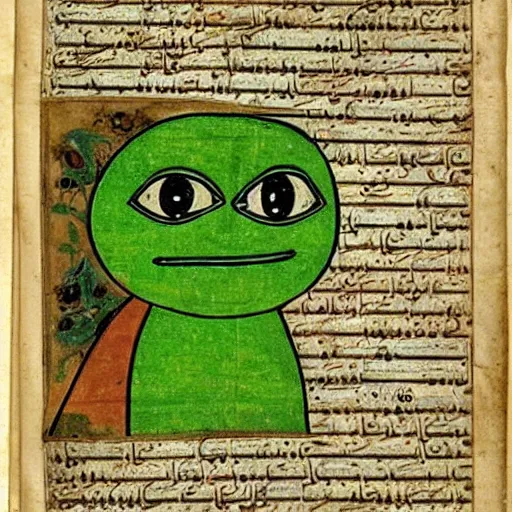 Image similar to page from a 1 4 th century monk's manuscript illustrating the holy scripts of!! pepe the frog!!