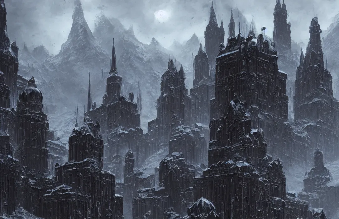 Image similar to The capital of a warhammer 40k imperial russian citadel, sci fi, located in the frozen northern wastes, soviet tower blocks, neo gothic magnificence, foreboding black steel exterior, snow capped mountains, fantasy, highly detailed, digital painting, artstation, concept art, illustration, art by Bayard Wu and Marc Simonetti and Diego Gisbert Llorens