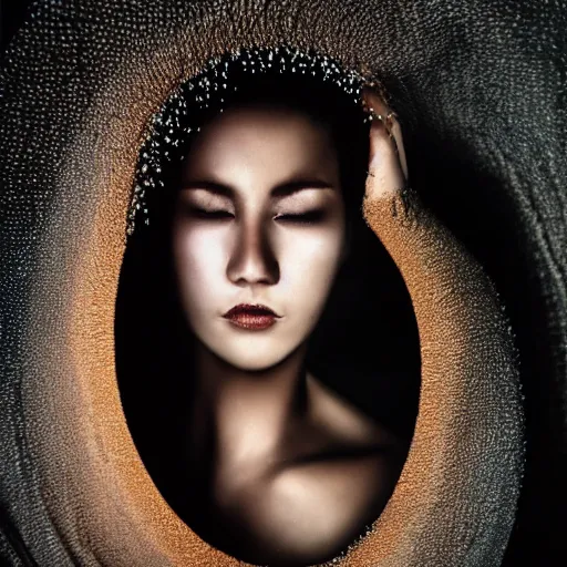 Image similar to beautiful woman in liquid fluid simulation, female upper body, beautiful supermodel, black wave patterns, cinematic light, surreal face portrait, cinestill, film still, body portrait, geisha, optical illusion, art noveau, magic hour, female balaclava, modelling pose, glamour, body acts