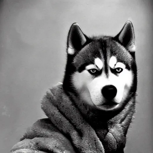Prompt: close up of a husky wearing soldier helmet in the battle, ww 2 historical photography, black & white