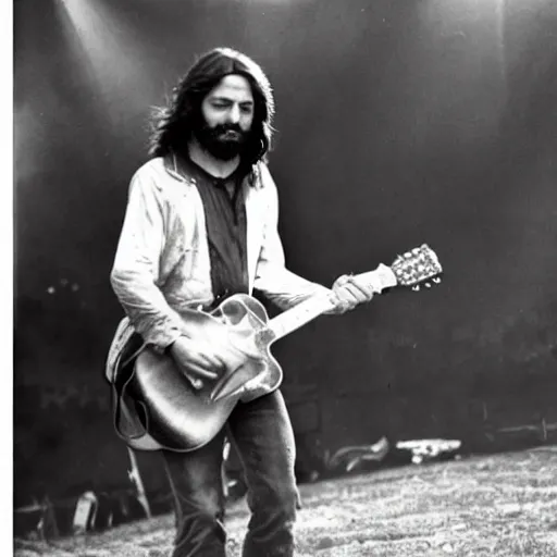 Prompt: Concert footage of Jesus playing guitar at Woodstock