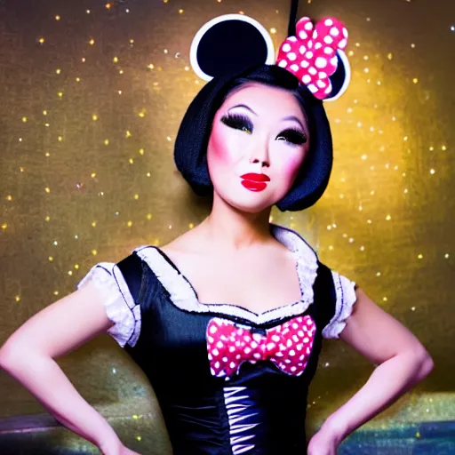 Image similar to beautiful bald asian woman with pinup makeup wearing disneyland mouse ears standing in front of the disneyland castle at night, oil painting, highly detailed, theatrical lighting, sharp focus