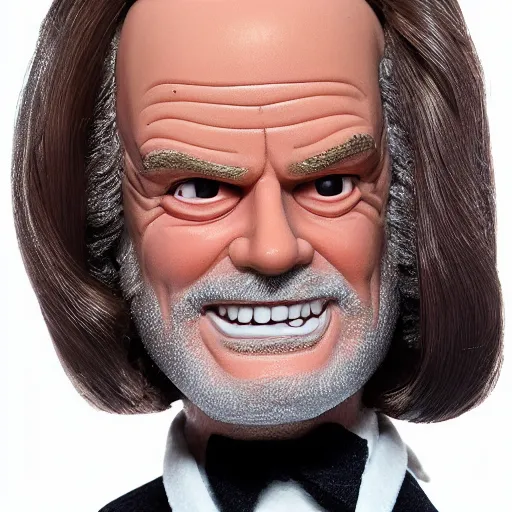 Image similar to Insane Jack Nicholson in the movie The Shining as a male barbie doll, Mattel, studio product photography, professional, detailed, f/8.0