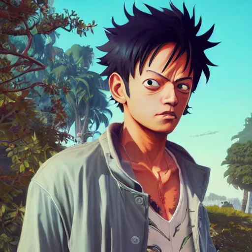 Image similar to highly detailed portrait luffy in gta v, stephen bliss, unreal engine, fantasy art by greg rutkowski, loish, rhads, ferdinand knab, makoto shinkai and lois van baarle, ilya kuvshinov, rossdraws, tom bagshaw, global illumination, radiant light, detailed and intricate environment