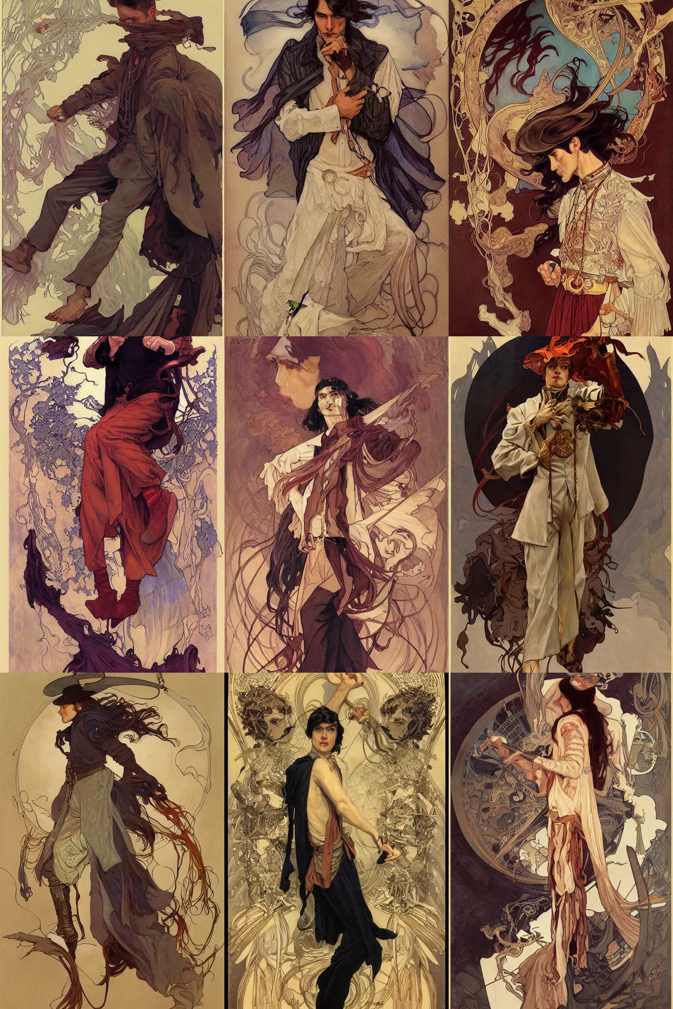 Prompt: thin male mage, long dark hair, 1 9 2 0 s clothes, fantasy, art by joseph leyendecker, peter mohrbacher, ruan jia, finnian macmanus, marc simonetti, ayami kojima, vasnetsov, cedric peyravernay, alphonse mucha