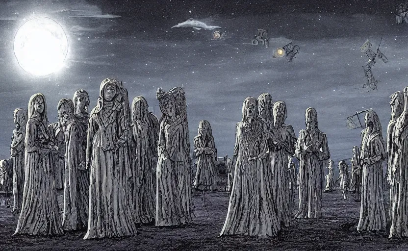 Prompt: the weeping angels from doctor who battle an army of robots in graveyard at night, by moebius, moonlight, panoramic view, pastel colors