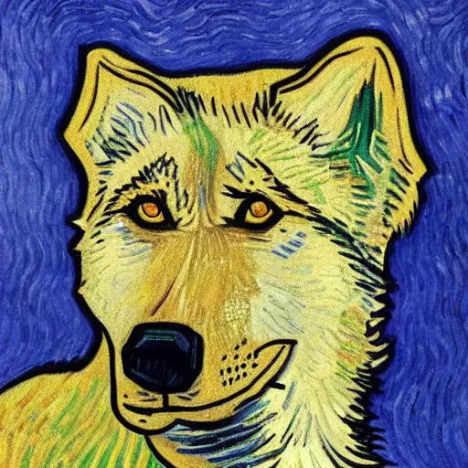Image similar to retarded wolf portrait, van gogh style