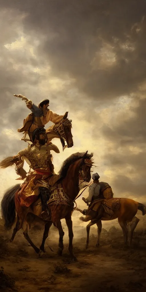 Image similar to Highly detailed and cinematic romantic period oil painting of an Arabian prince riding a rearing horse, beautifully lit and atmospheric, an oil painting masterpiece by Josep Tapiró Baró, RPG portrait, dynamic lighting, 8K