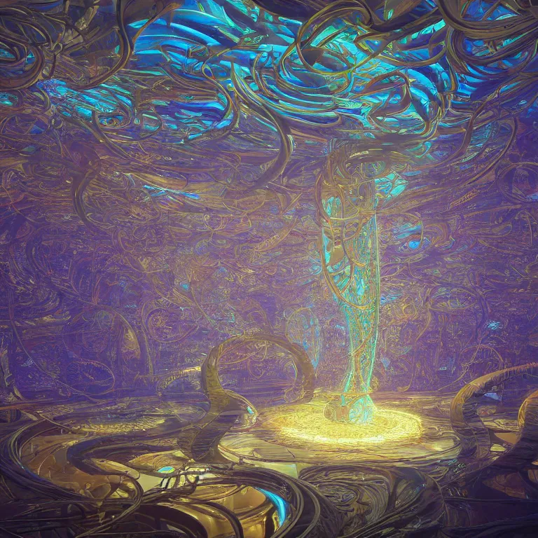 Image similar to a deep perspective photo real render of tribal glowing fractals and ornate flowing light streams sacred geometry, by beeple, by donato giancola, unreal engine