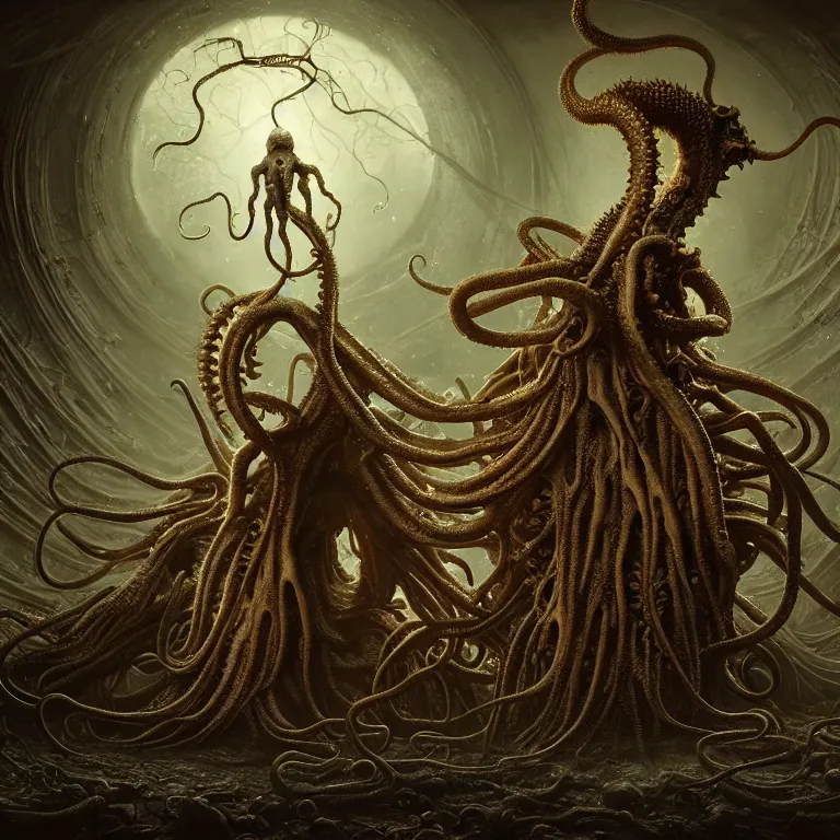 Image similar to ribbed abandoned alien, covered with tentacles, spines, roots, holding colorful squid, baroque painting, standing in a desolate empty wasteland, creepy, nightmare, dream-like heavy atmosphere, surreal abandoned buildings, beautiful detailed intricate insanely detailed octane render trending on Artstation, 8K artistic photography, photorealistic, chiaroscuro, Raphael, Caravaggio, Beksinski, Giger