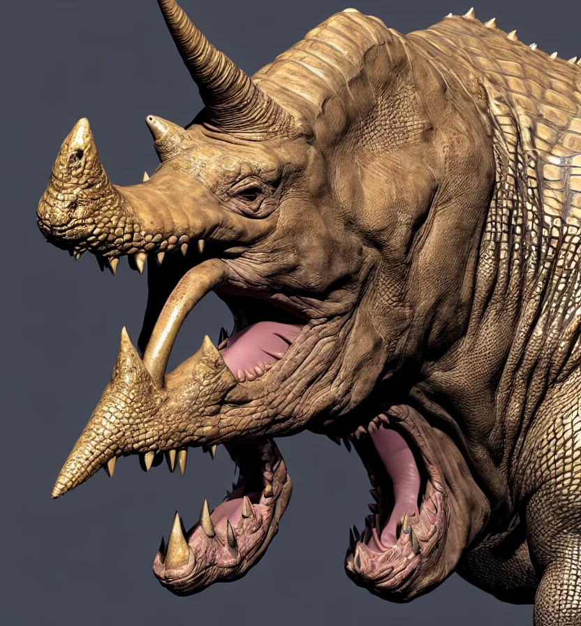 Prompt: nancy pelosi creature setting all : crocodile head : : 0. 5 the head has a symmetrical horn and tumor, and there is a rhino horn at the front of the beak, and the mouth is open to reveal a mouth full of fangs with huge wings, full body rich detail realistic photoreal photorealistic octane render 8 k