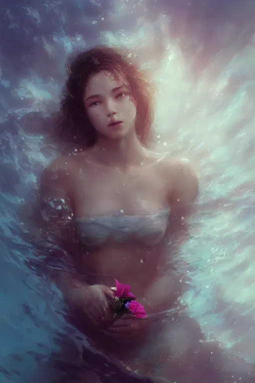 Image similar to face closeup a young beautiful girl drowned in water, underwater photography, water, 3 d render, hyper realistic detailed portrait, holding magic flowers, ruan jia, wlop. scifi, fantasy, hyper detailed, octane render, concept art, by peter mohrbacher, by wlop, by ruan jia