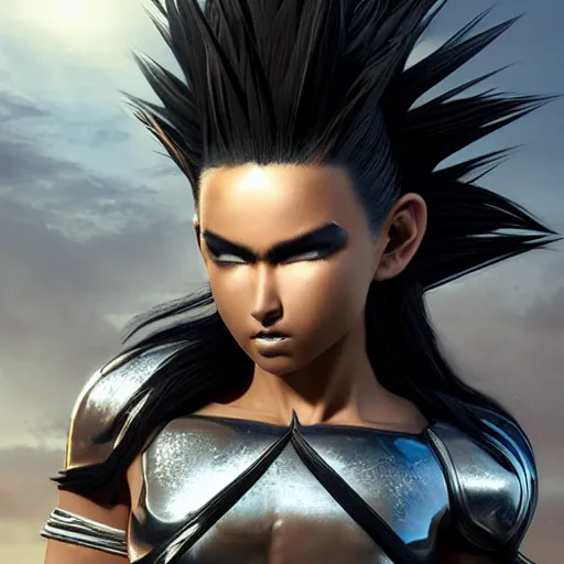 Image similar to warrior girl, muscular girl, wild spiky black saiyan hair, long spiky hair, electrified hair, wearing chrome silver armor and black spandex pants, ultra realistic, intricate details, highly detailed, subsurface scattering, photorealistic, octane render, 8 k, art by artgerm, greg rutkowski, magali villeneuve, alphonse mucha