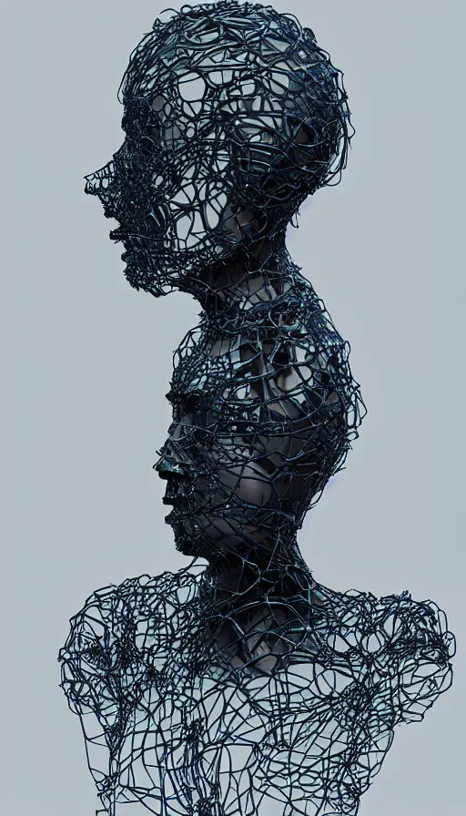 Image similar to a one woman with a futuristic mask on her face, a surrealist sculpture by alexander mcqueen, trending on pinterest, plasticien, biomorphic, made of plastic, a computer rendering by bedwyr williams, featured on zbrush central, holography, multiple exposure, glitch art, glitchy